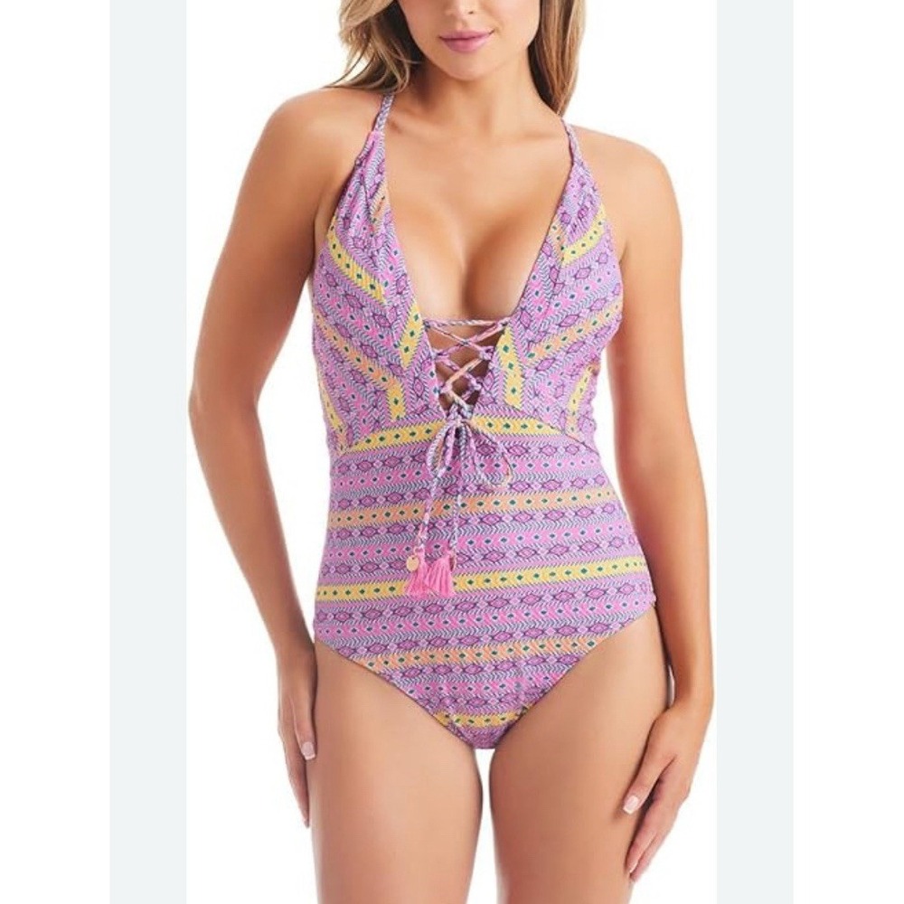 JESSICA SIMPSON Lace Up Front‎ One Piece Swimsuit, Tulip Multi, Large